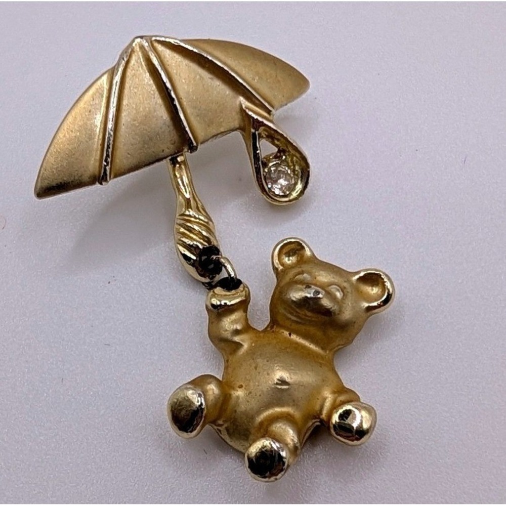 Vintage Giusti Teddy Bear Umbrella Pin Gold Tone Rhinestone Articulatedâ Brooch
